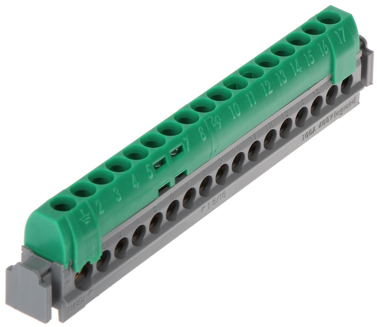 004835 Клемен блок IP2X, зелен (PE), 1x6-25² + 16x1.5-16², L= 141мм, Legrand