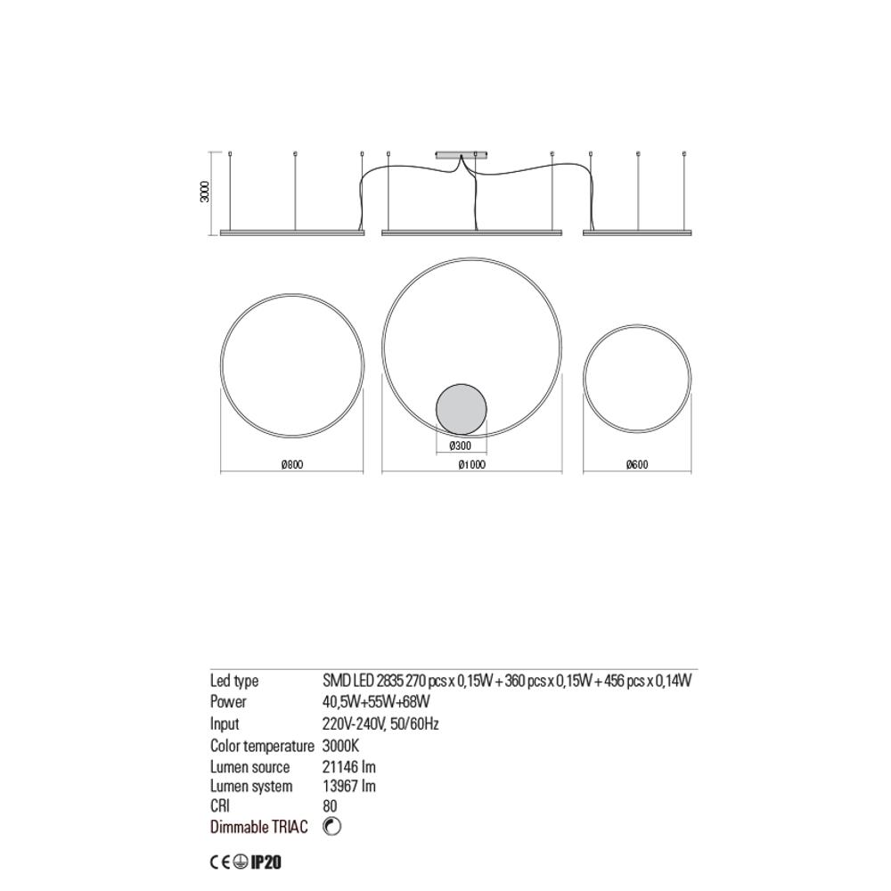01-1723-TRIAC Осветително тяло ORBIT, SMD LED 163W 3000K D1000+800+600 H3000, цвят Bronze, Redo_small