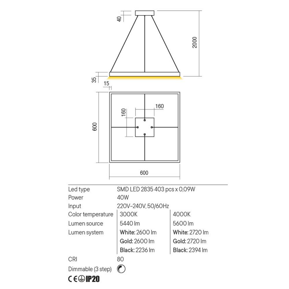01-2901 Осветително тяло FEBE, SMD LED 40W 3000K 600x600 H2000, цвят Mat gold, Redo_small
