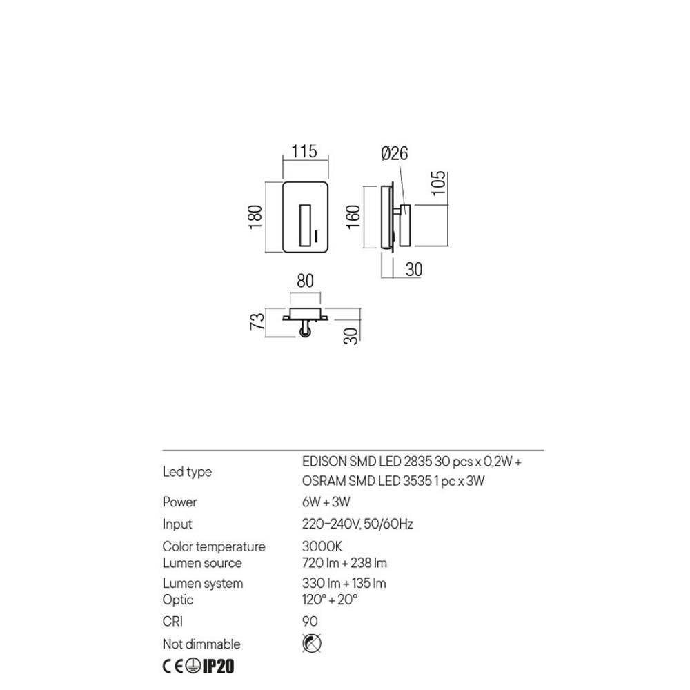 01-2982 Аплик Quda SQ Long, SMD SQ LED 1x6W+1x3W 3000K, цвят Sand black, Redo_small