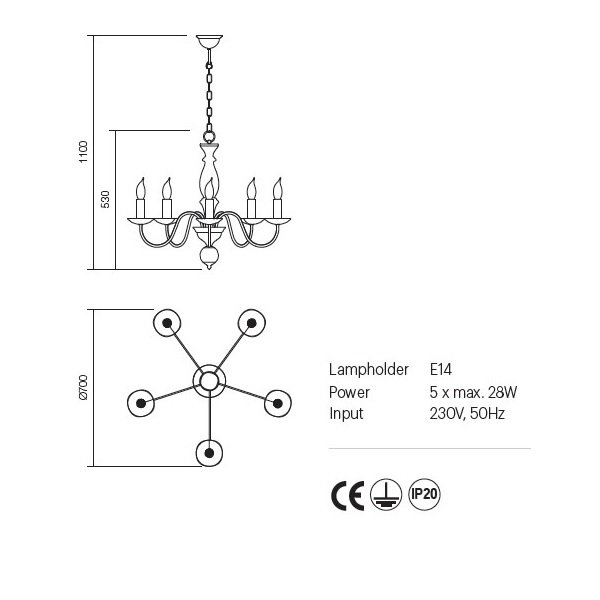 02-767 Полилей YVETTE SUSP 5X28W E14 BIANCO, Incanti_small