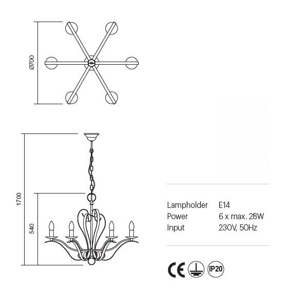 02-810 Полилей FENICE SUSP 6X28W E14 ORO, Incanti_small