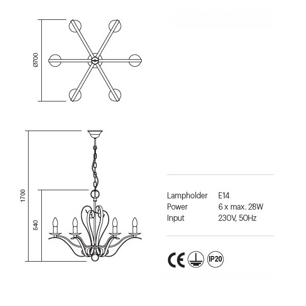 02-811 Полилей FENICE SUSP 6X28W E14 ARGENTO, Incanti_small