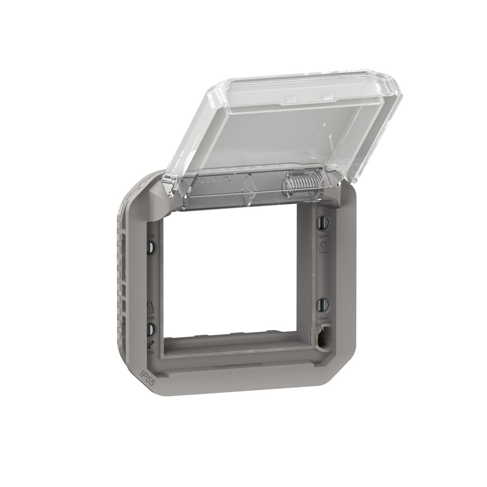 069580L Адаптер Plexo New за механизъм Mosaic 2М, IP55 IK08, с прозрачен капак, сив, Legrand
