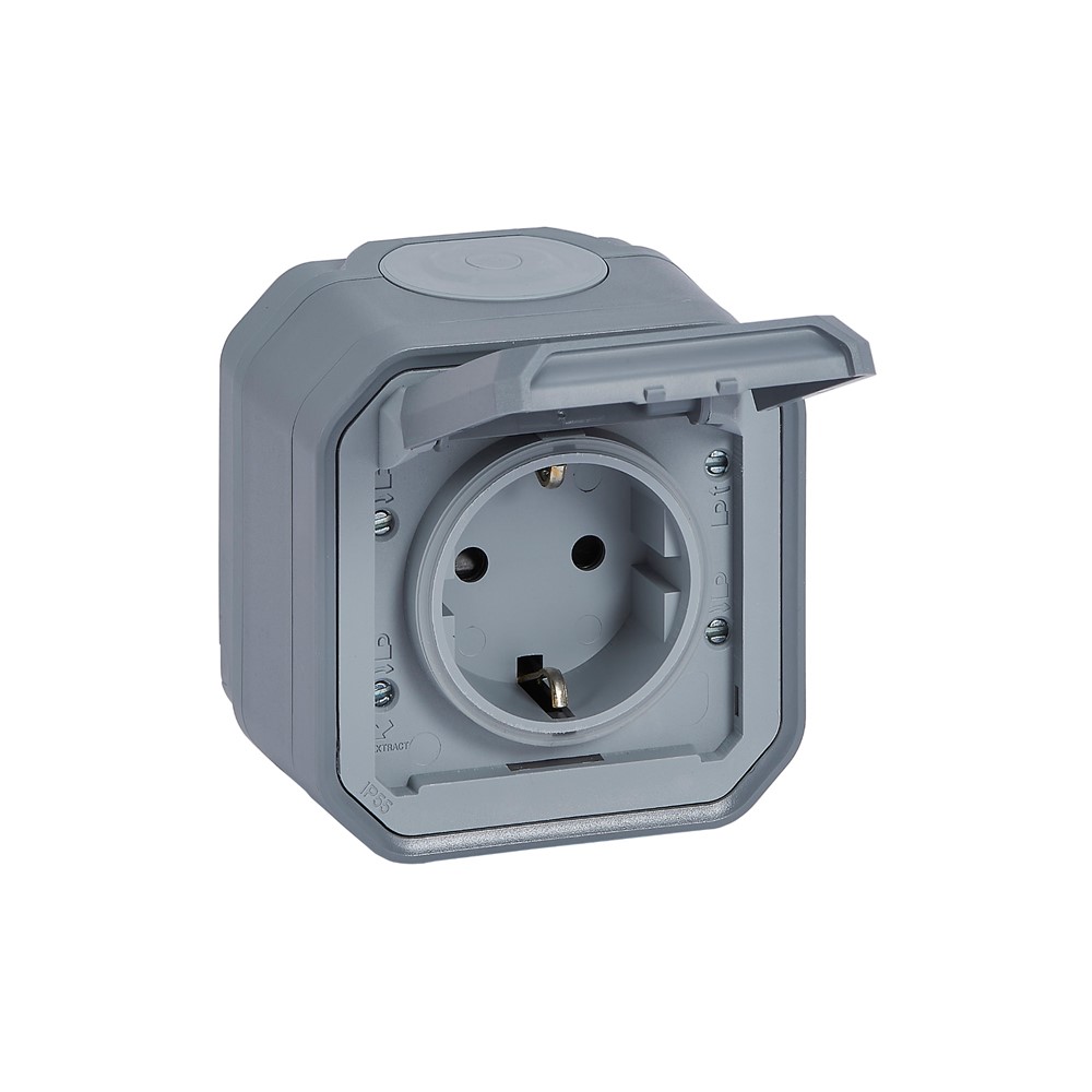 069733L Контакт Plexo New, Schuko, 2P+E, винтови клеми, СГЛОБЕН, ОМ, сив, Legrand