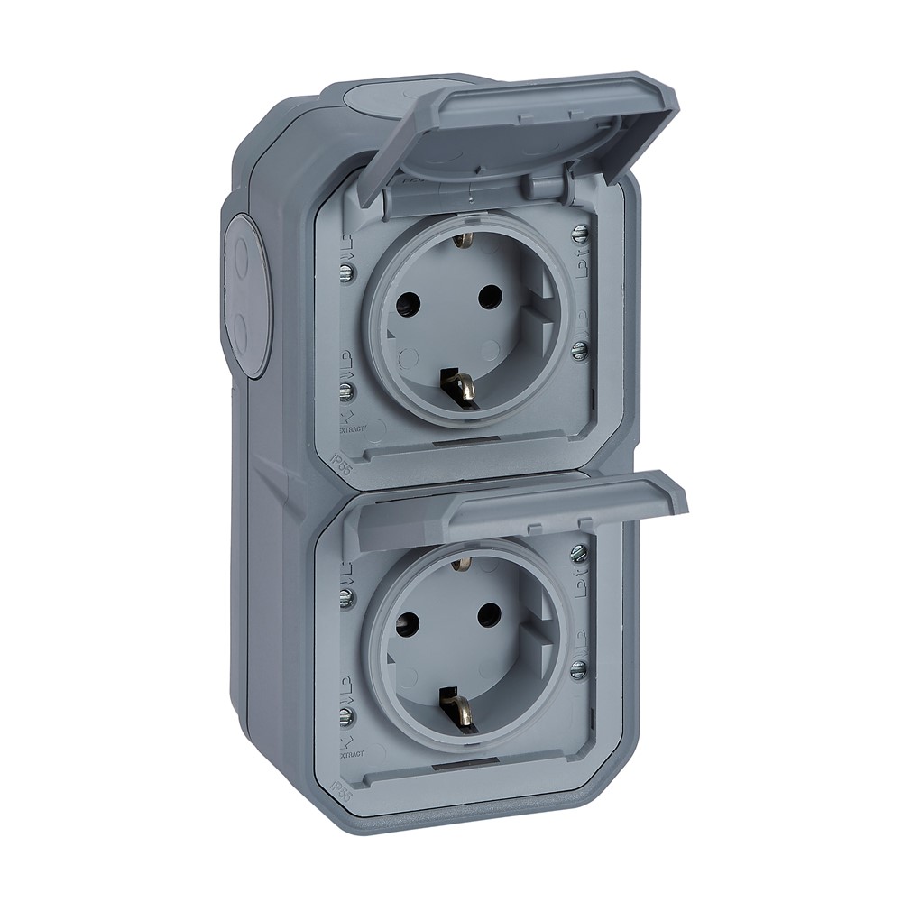 069744L Контакт Plexo New, Schuko, 2x2P+E, преокабелен, винтови клеми, СГЛОБЕН, ОМ, сив, Legrand_small