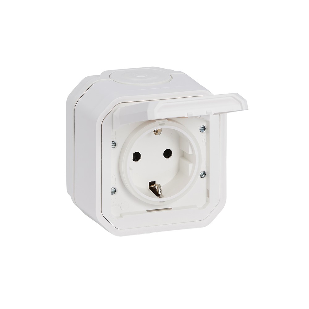 069770L Контакт Plexo New, Schuko, 2P+E, автоматични клеми, СГЛОБЕН, ОМ, бял, Legrand