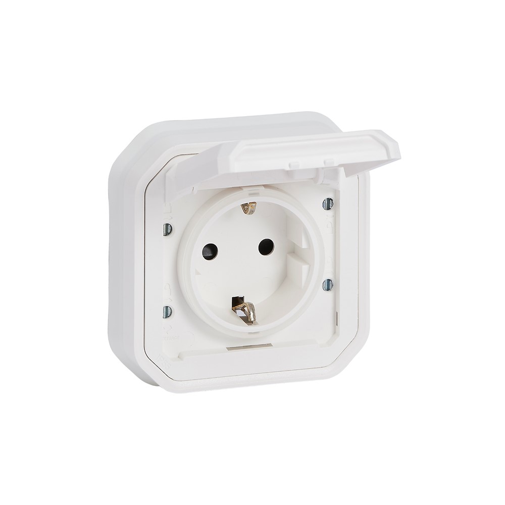 069868L Контакт Plexo New, Schuko, 2P+E, винтови клеми, със скоби, СГЛОБЕН, СМ, бял, Legrand