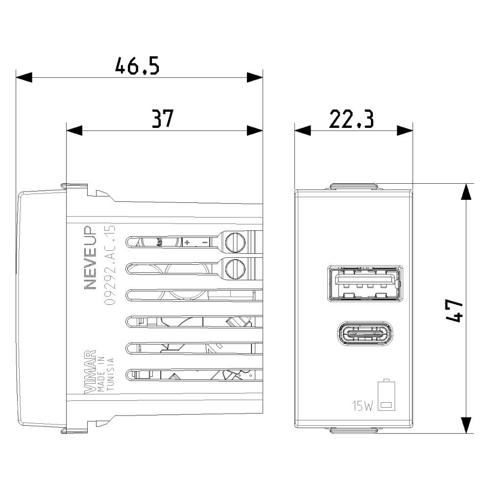 09292.AC.15.CM USB Контакт A+C Neve Up, 1M 15W 5V, карбон мат, Vimar_small