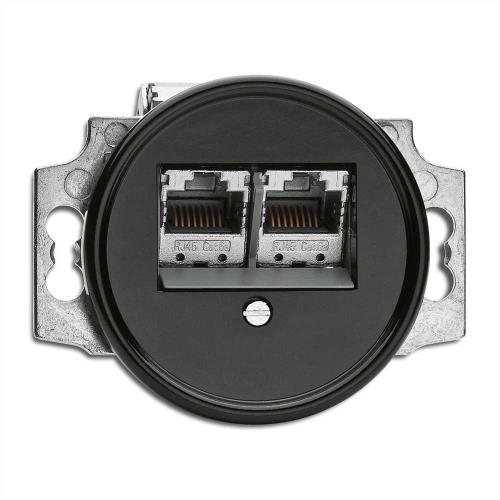 100722 Розетка 2xRJ45 cat. 6A Ø 7,0 cm, бакелит, черна, без дек. рамка ,THPG