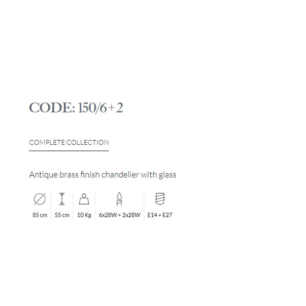 150/6+2/008 ANTIQUE BRASS FINISH CHANDELIER WITH GLASS 6x28W + 2x28W E14 + E27 Antique Brass Possoni_small