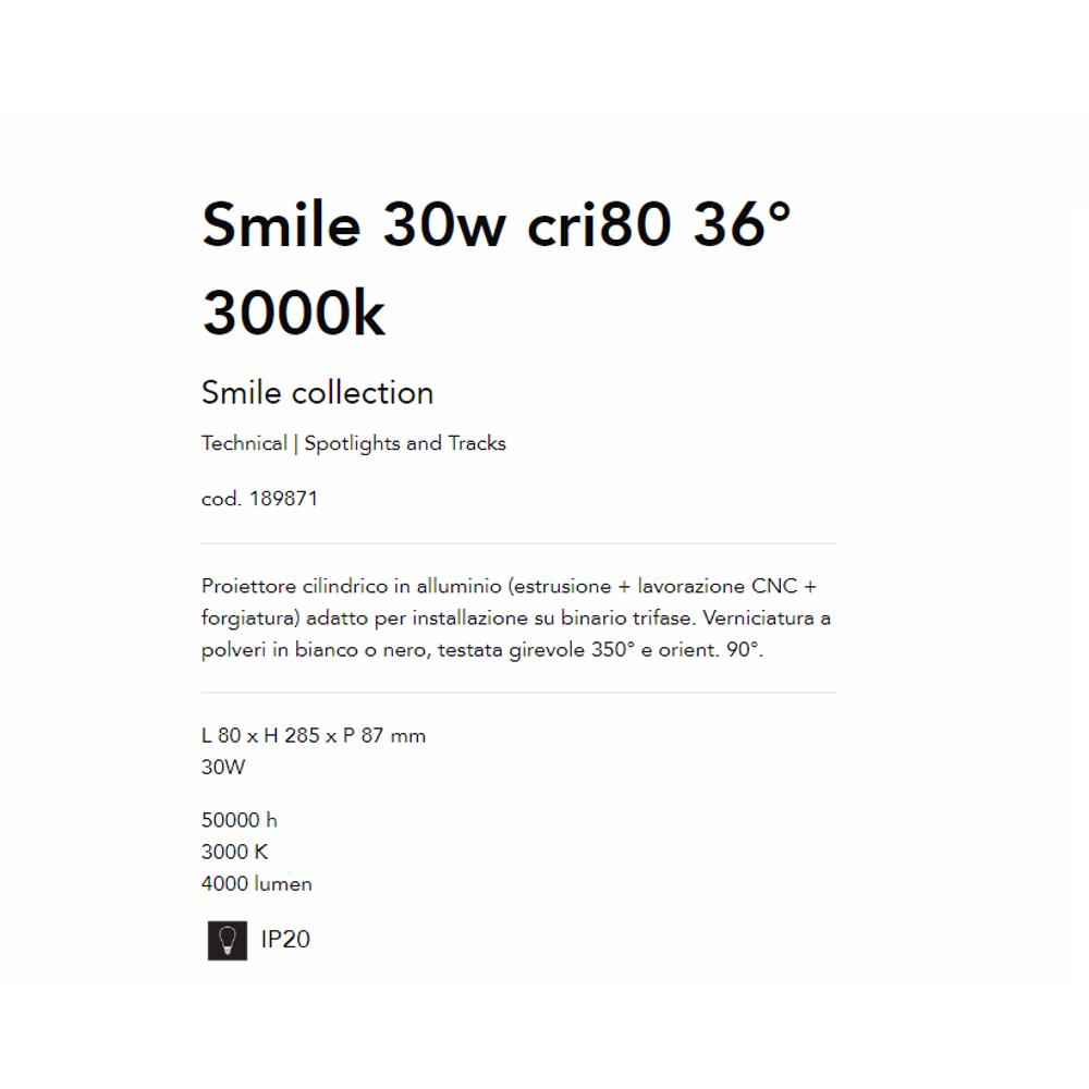 189871 Спот за релсов монтаж Smile 30w cri80 36° L80xH285xP87 mm 30W 3000К 4000 lumen IP20 Ideal Lux_small
