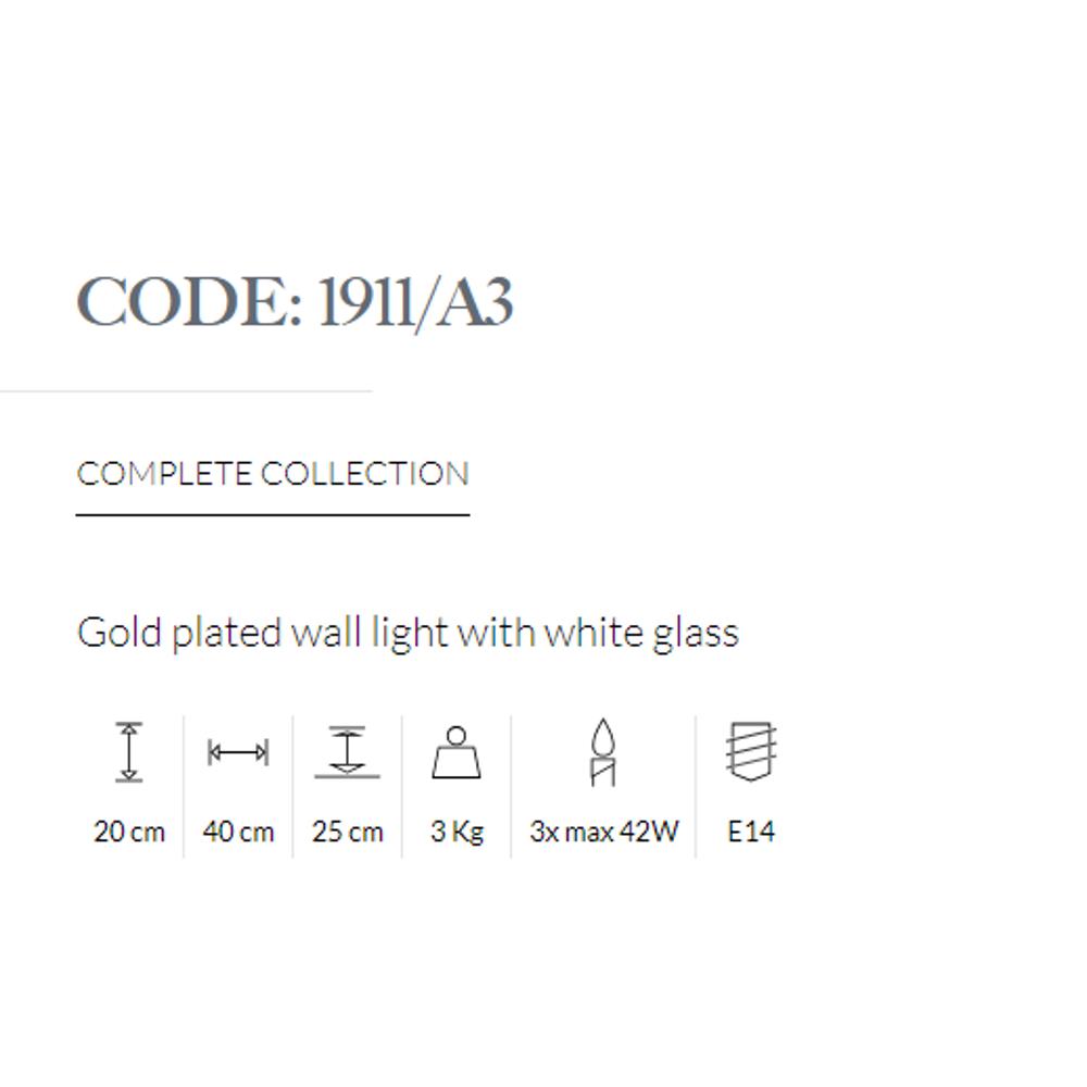 1911/A3/006 WALL LIGHT WITH WHITE GLASS 3xMAX42W E14 Gold plated finish Possoni_small
