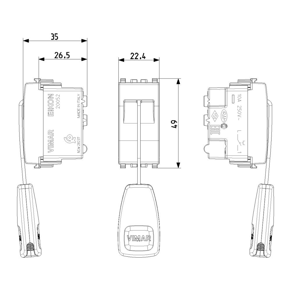 20052 1P NO 10A 250V~ Бутон/ключ с въженце 1,5м Сив VIMAR EIKON_small