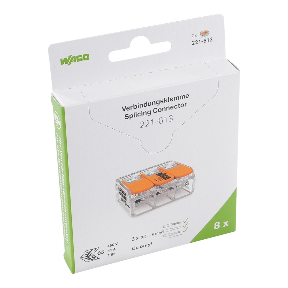 221-613/995-008 Комплект 8 бр. инсталационни клеми с лост, 3-проводн. 6 mm², прозрачни, Wago