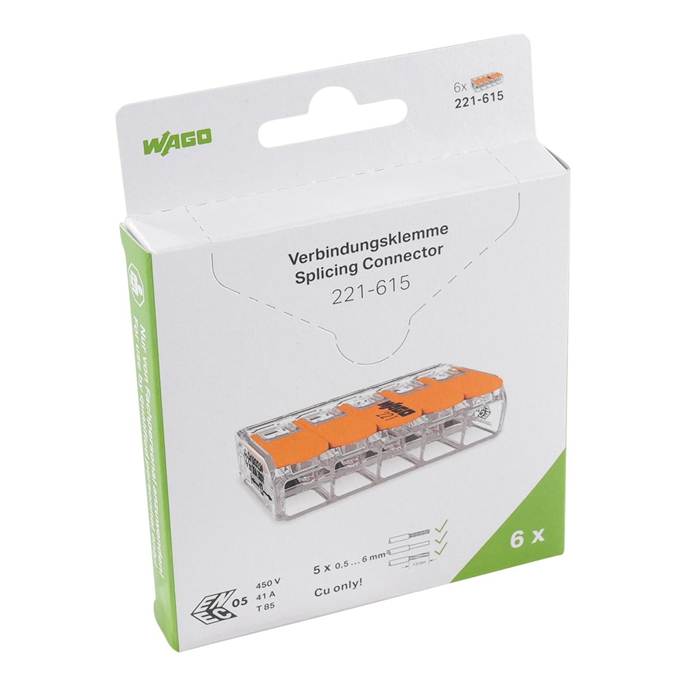 221-615/995-006 Комплект 8 бр. инсталационни клеми с лост, 5-проводн. 6 mm², прозрачни, Wago_small