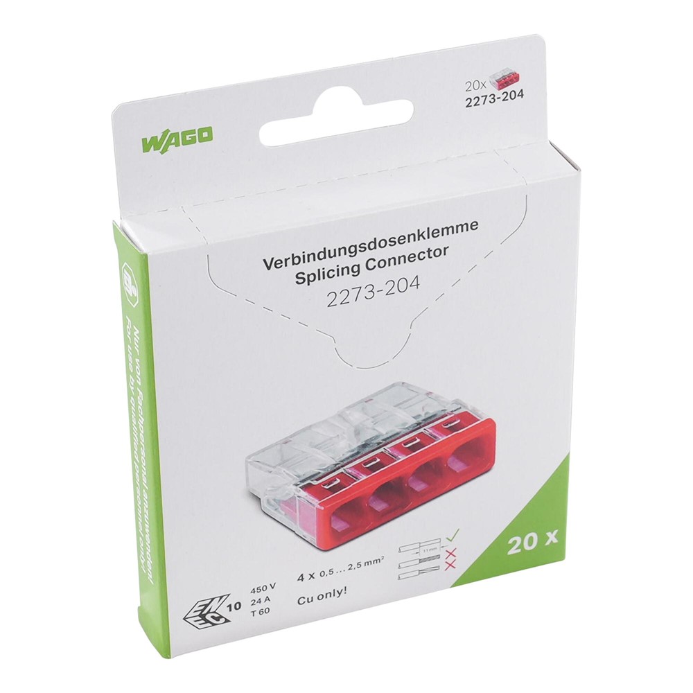 2273-204/995-020 Комплект 20 бр. противоположни клеми, 4-проводн. 2,5 mm², прозрачни, Wago