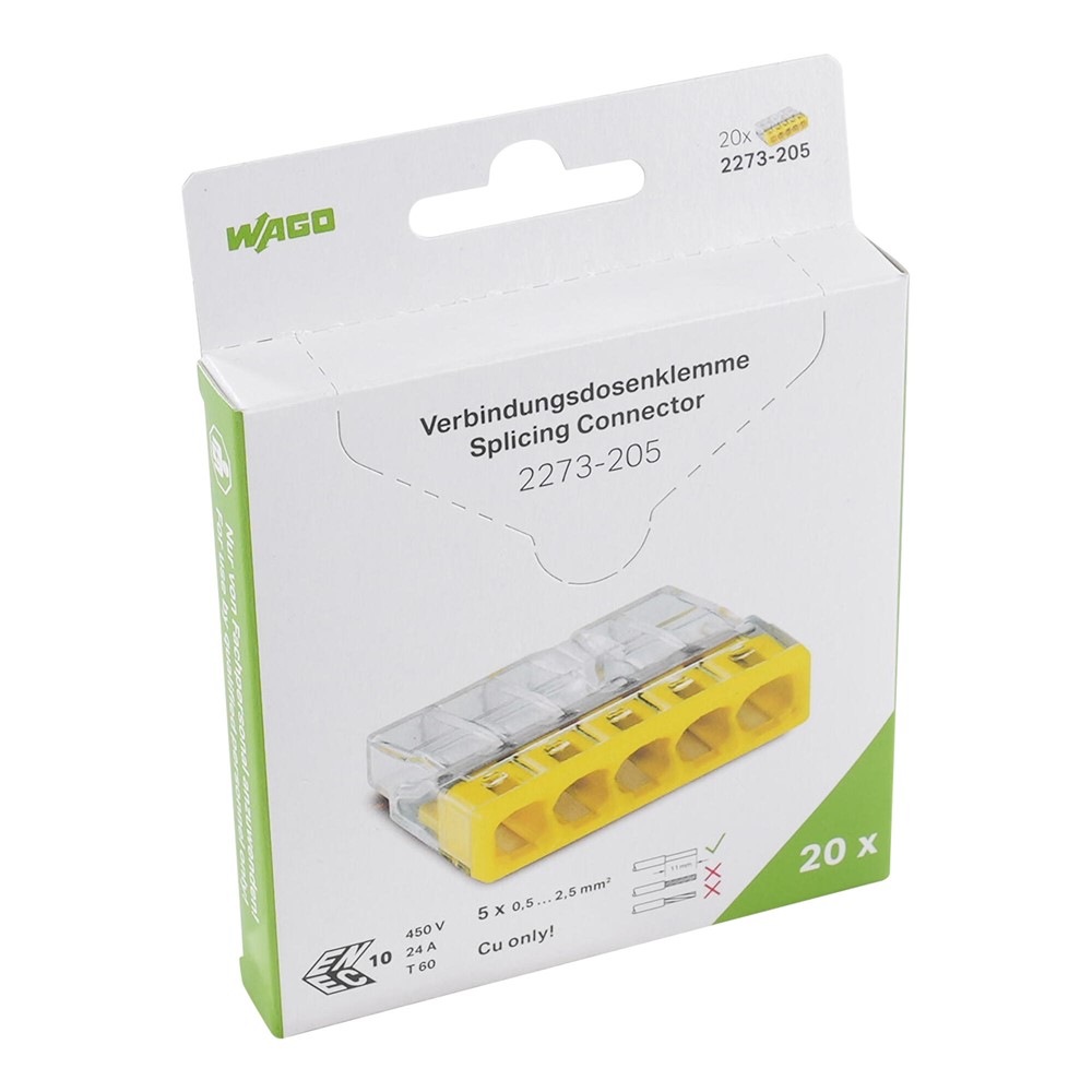 2273-205/995-020 Комплект 20 бр. противоположни клеми, 5-проводн. 2,5 mm², прозрачни, Wago