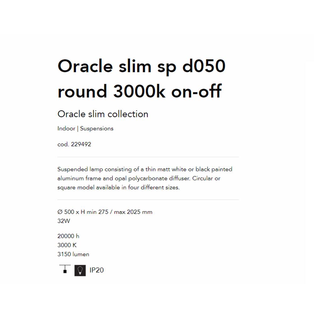 229492 Осветително тяло Oracle Slim SP Round BK 3000K Ø500xHmin90/max2050 mm 30W IP20, Ideal Lux_small