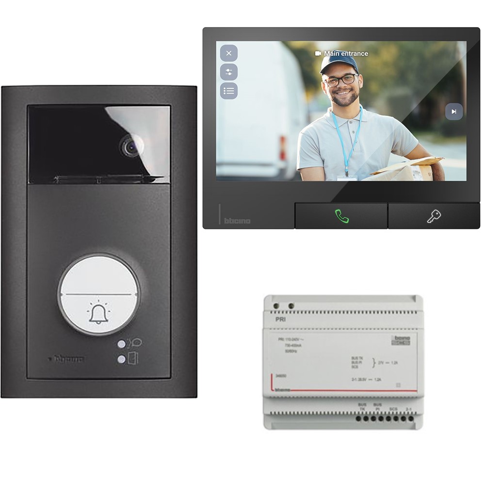 363946 Еднофамилен видеодомофонен комплект, 2-проводна система/Wi-Fi, с вътрешен 7" сензорен екран Classe 300X Dark и външин панел Linea 3000 Dark, Bticino