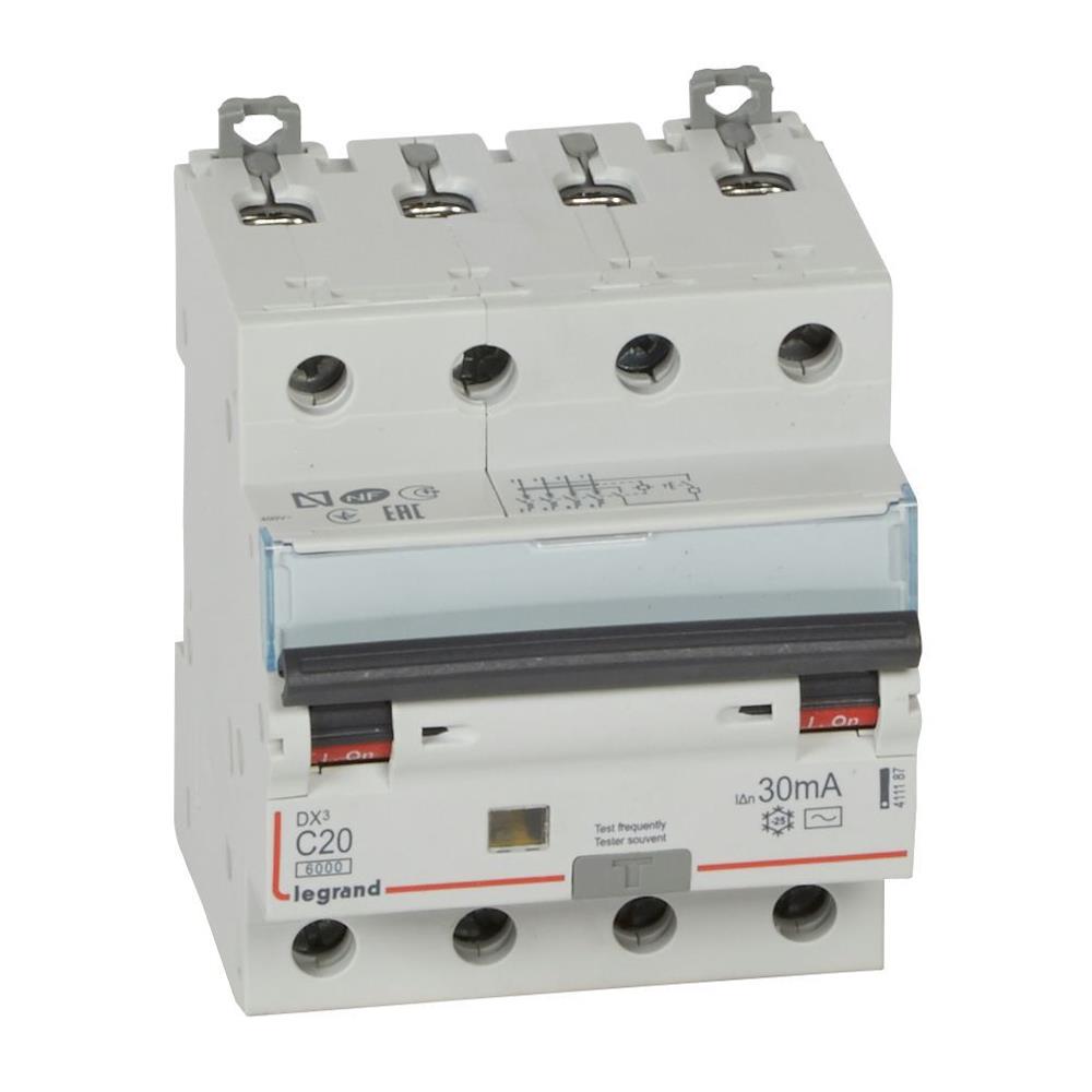 411187 Комбинирана дефектнотокова защита  DX³ RCBO 4P C20, 30mA, 6kA, AC type, Legrand
