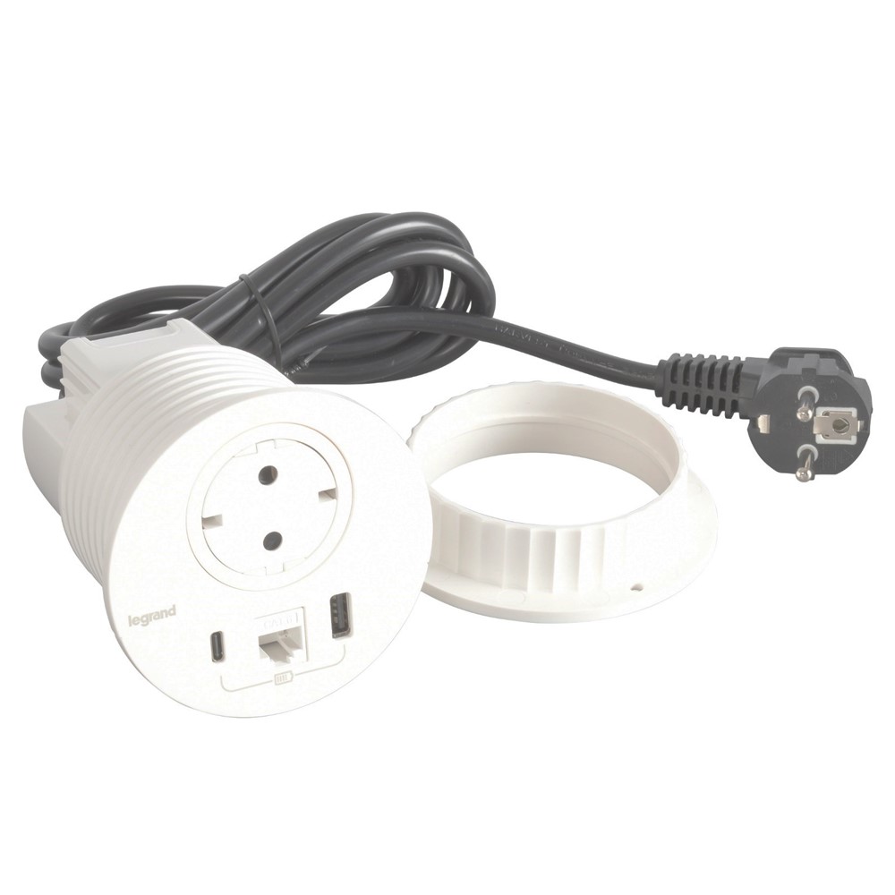 654710 Контакт за вгражд. Ø80мм, 1x Schuko USBA+C 1х RJ45, кабел, щепсел, бял, Incara Disq, Legrand_small