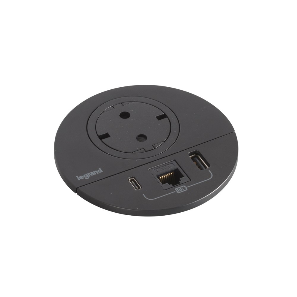 654711 Контакт за вгражд. Ø80мм, 1x Schuko USBA+C 1х RJ45, кабел, черен, Incara Disq, Legrand