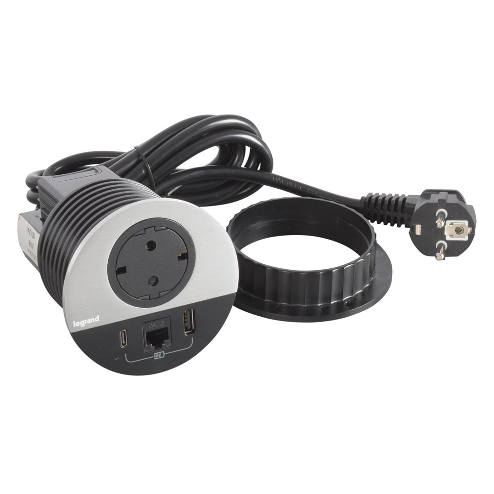 654712 Контакт за вгражд. Ø80мм, 1x Schuko USBA+C 1x RJ45, кабел, метал/черно, Incara Disq, Legrand_small