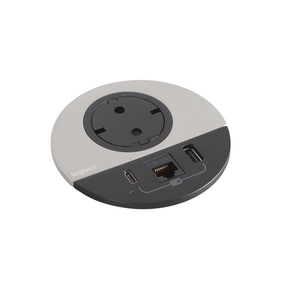 654712 Контакт за вгражд. Ø80мм, 1x Schuko USBA+C 1x RJ45, кабел, метал/черно, Incara Disq, Legrand