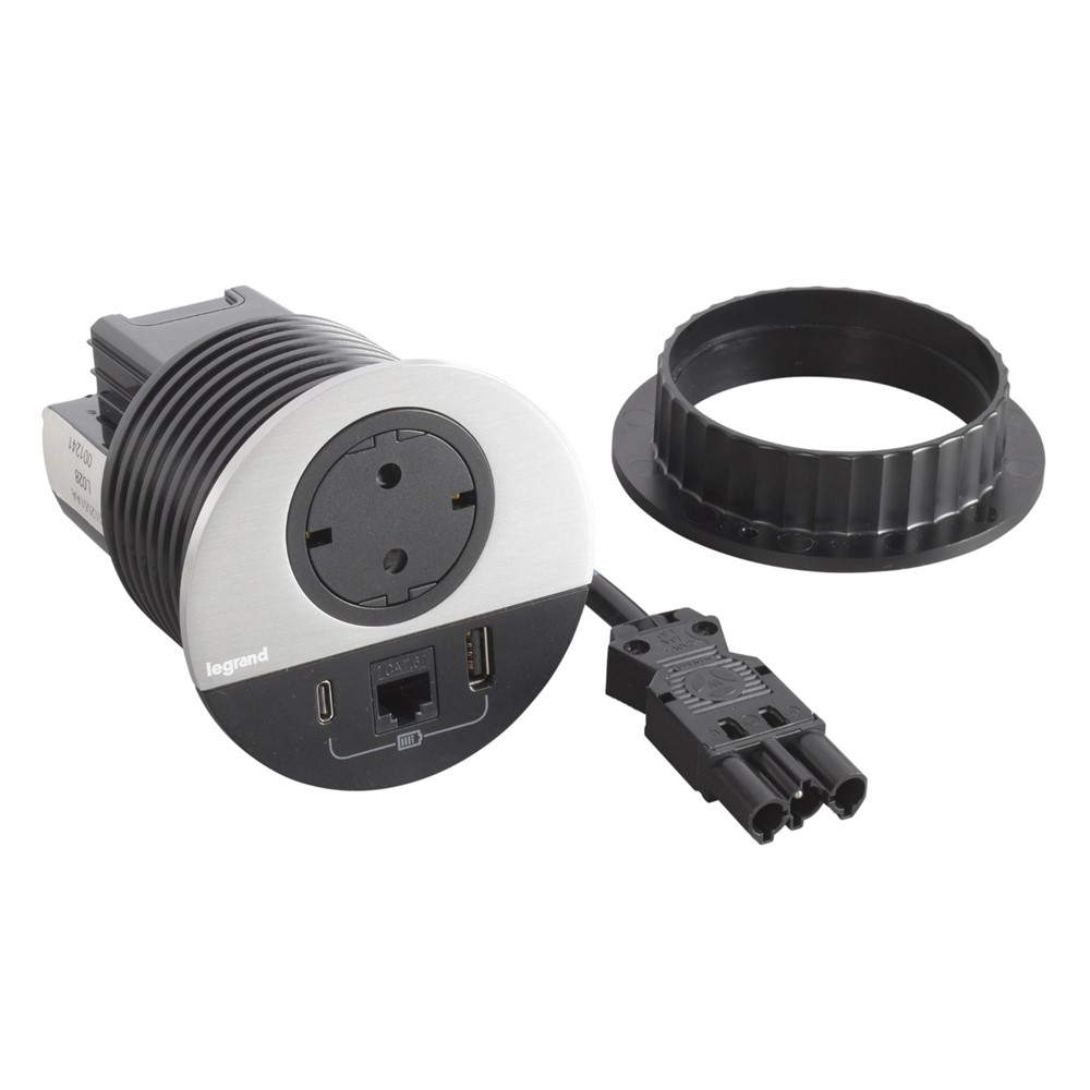654712F Контакт за вгражд. Ø80мм, 1x Schuko USBA+C 1x RJ45, кабел, метал/черно, Incara Disq, Legrand_small
