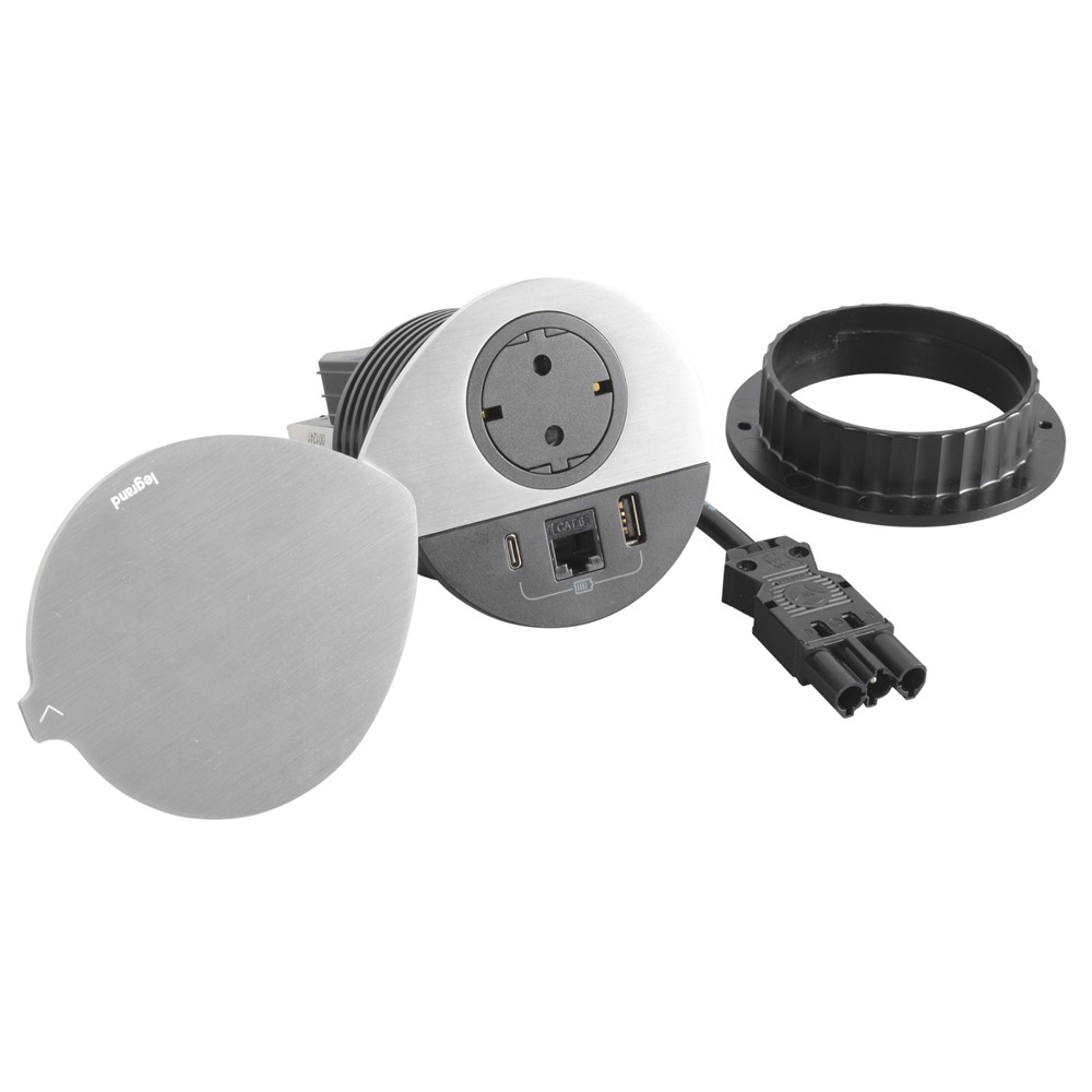 654713F Контакт за вгражд. Ø80мм, 1x Schuko USBA+C 1х RJ45, кабел, капак метал, Incara Disq, Legrand_small