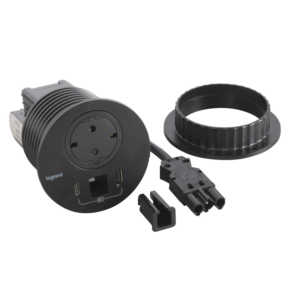 654715F Контакт за вгражд. Ø80мм, 1x Schuko USBA+C, кабел, черен, Incara Disq, Legrand_small
