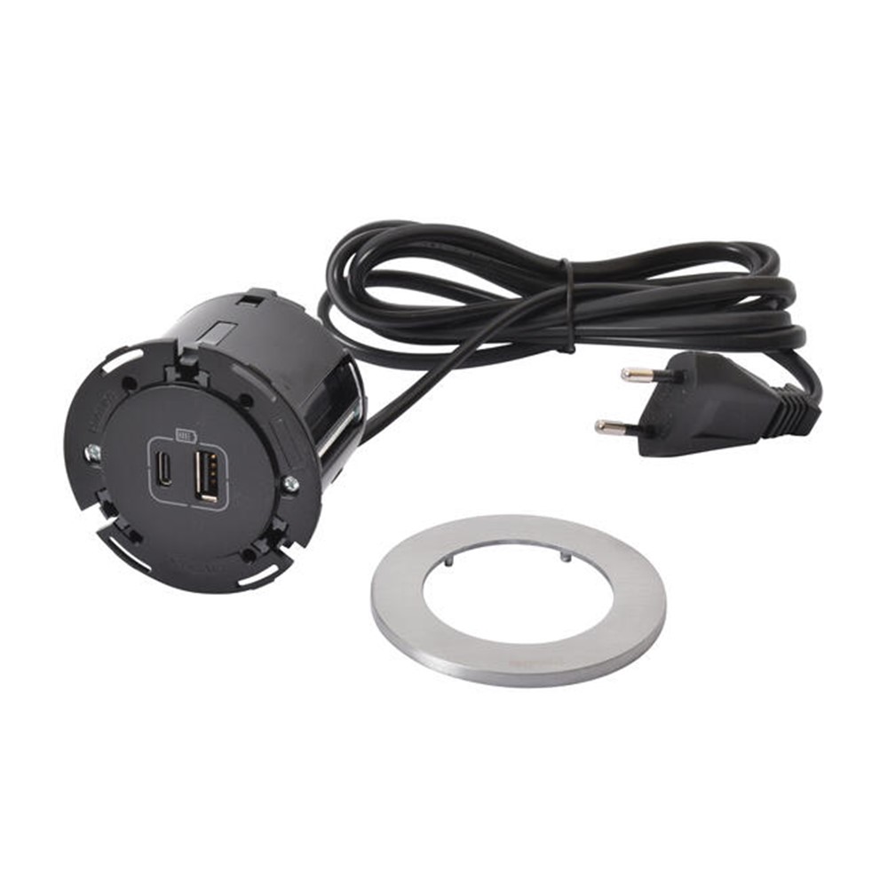 654732 Контакт за вгражд. Ø60мм, USB A+C, кабел, щепсел, метал/черно, Incara Disq60, Legrand_small