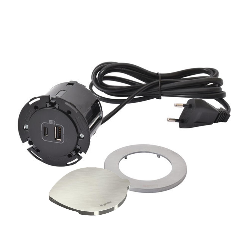 654733 Контакт за вгражд. Ø60мм, USB A+C, кабел, щепсел, капак, метал/черно, Incara Disq60, Legrand_small