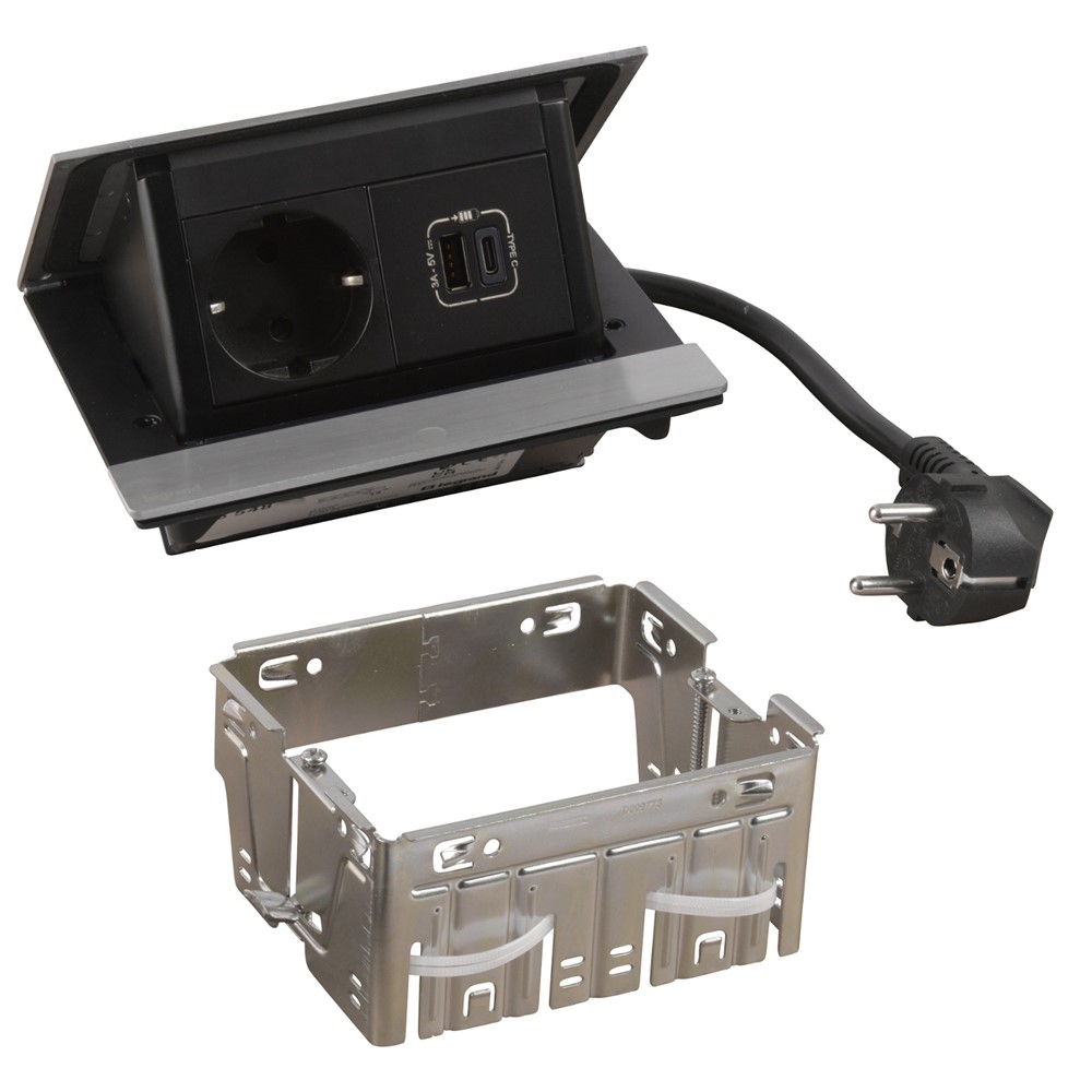 654822 Pop-up контакт за вгражд., 1xSchuko, USBA+C, кабел, драскан алуминий, Incara Pop-up, Legrand_small