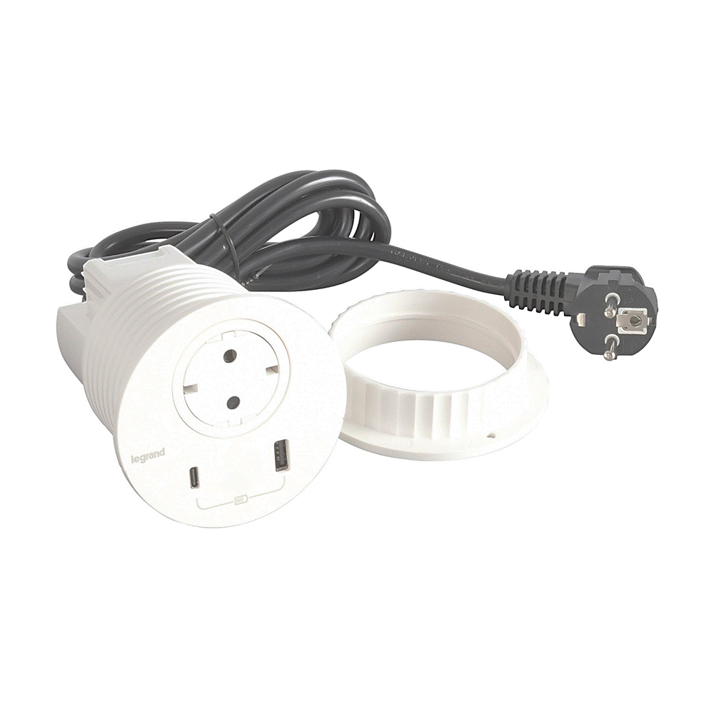 LG-655044 Контакт за вгражд. Ø80мм, 1xSchuko, USBA+C, 2 м кабел, щепсел, бял, Incara Disq, Legrand
