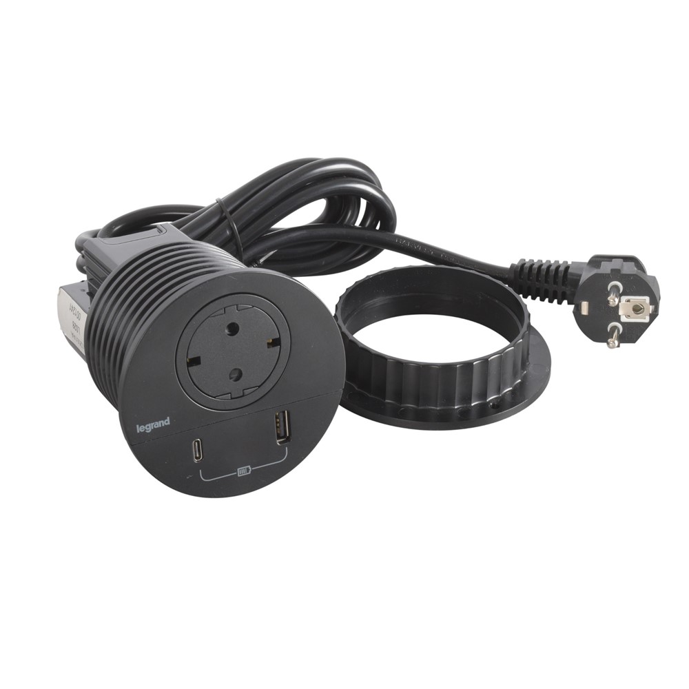 655045 Контакт за вгражд. Ø80мм, 1xSchuko, USBA+C, 2 м кабел, щепсел, черен, Incara Disq, Legrand_small