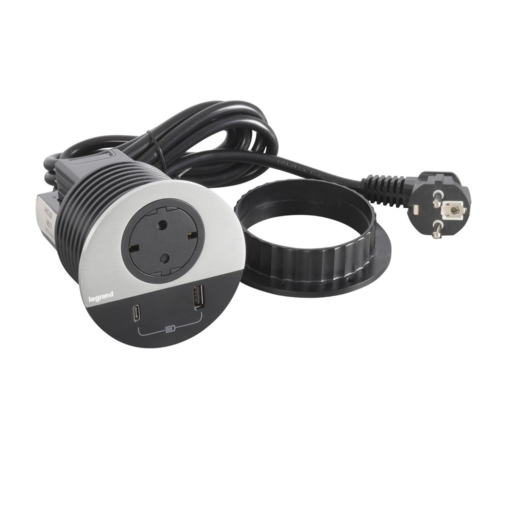 655046 Контакт за вгражд. Ø80мм, 1xSchuko, USBA+C, 2 м кабел, щепсел, метал, Incara Disq, Legrand_small