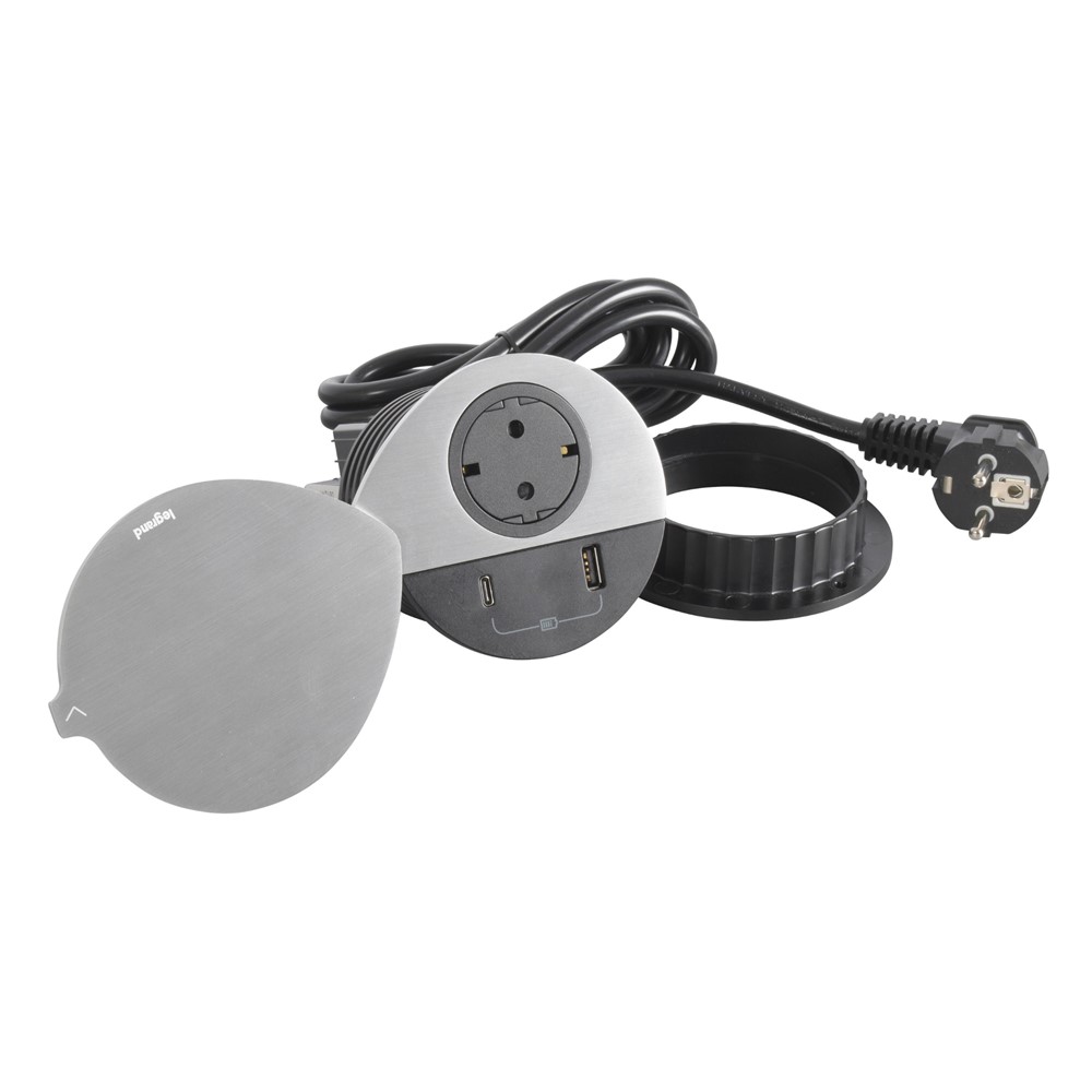 655047 Контакт за вгражд. Ø80мм, 1xSchuko, USBA+C, капак, кабел, щепсел, бял, Incara Disq, Legrand_small