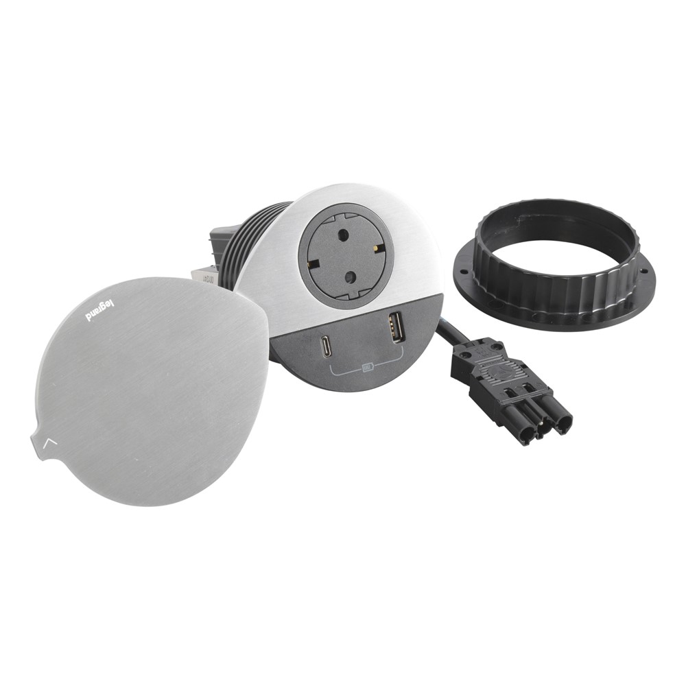 655047F Контакт за вгражд. Ø80мм, 1xSchuko, USBA+C, WEIL, капак, кабел, бял, Incara Disq, Legrand_small