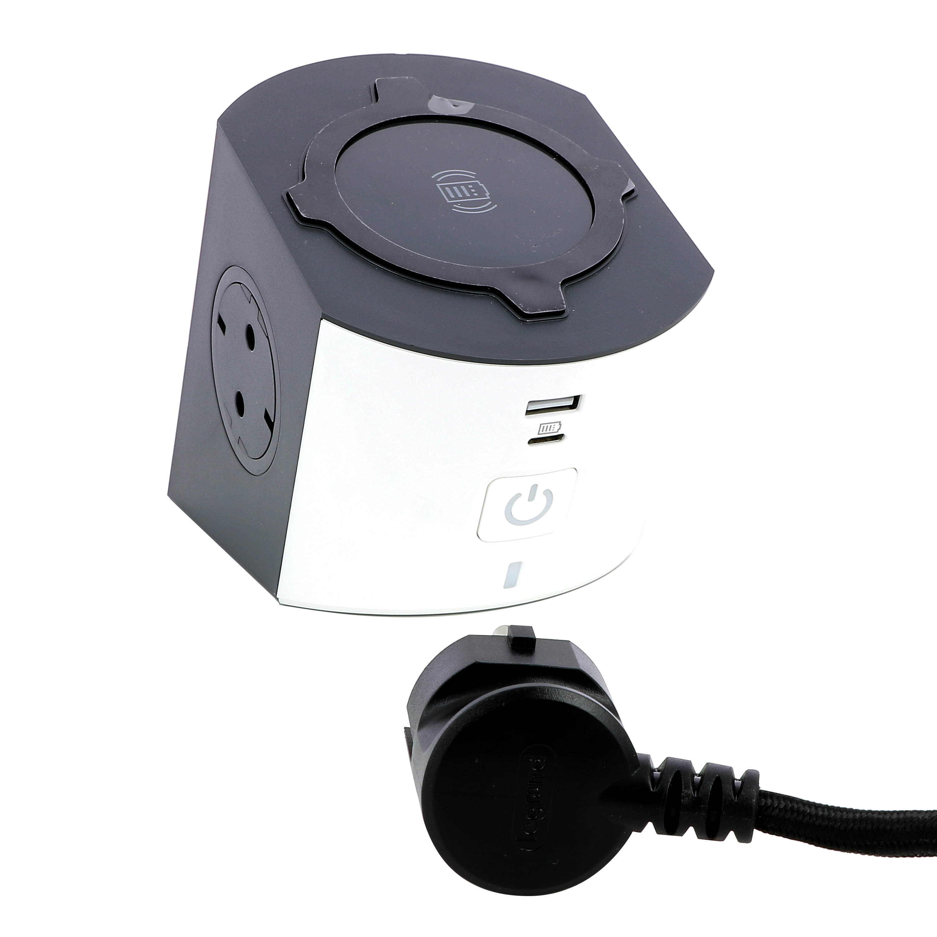 694506 Legrand Разклонител COR, шуко, 2X2P+E, безжично зарядно, USB A+C, 2м. кабел, бяло/сиво