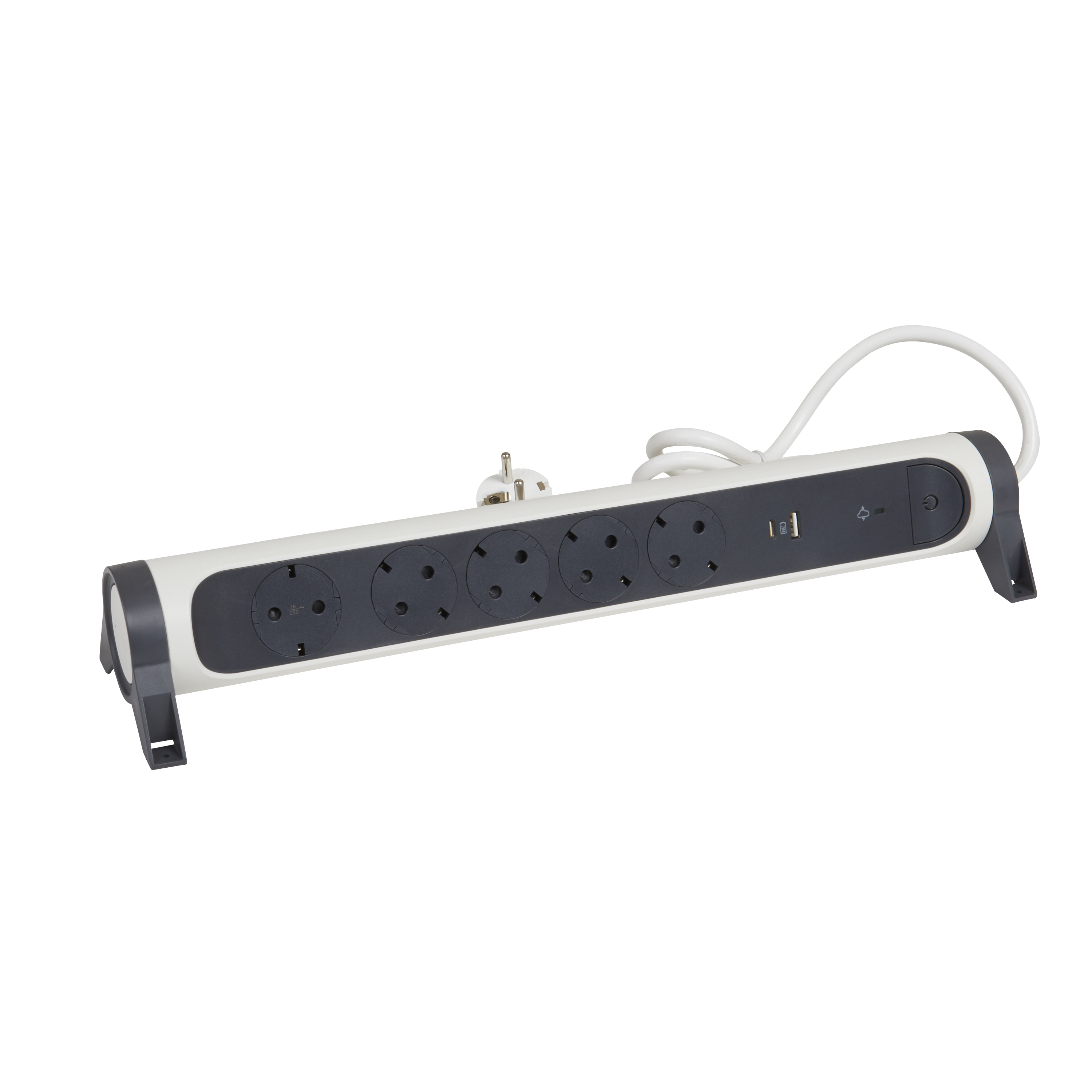 694510 Legrand Разклонител PRE, шуко, 5X2P+E, защита пренапрежение, USB A+C, 1,5м. кабел, бяло/сиво