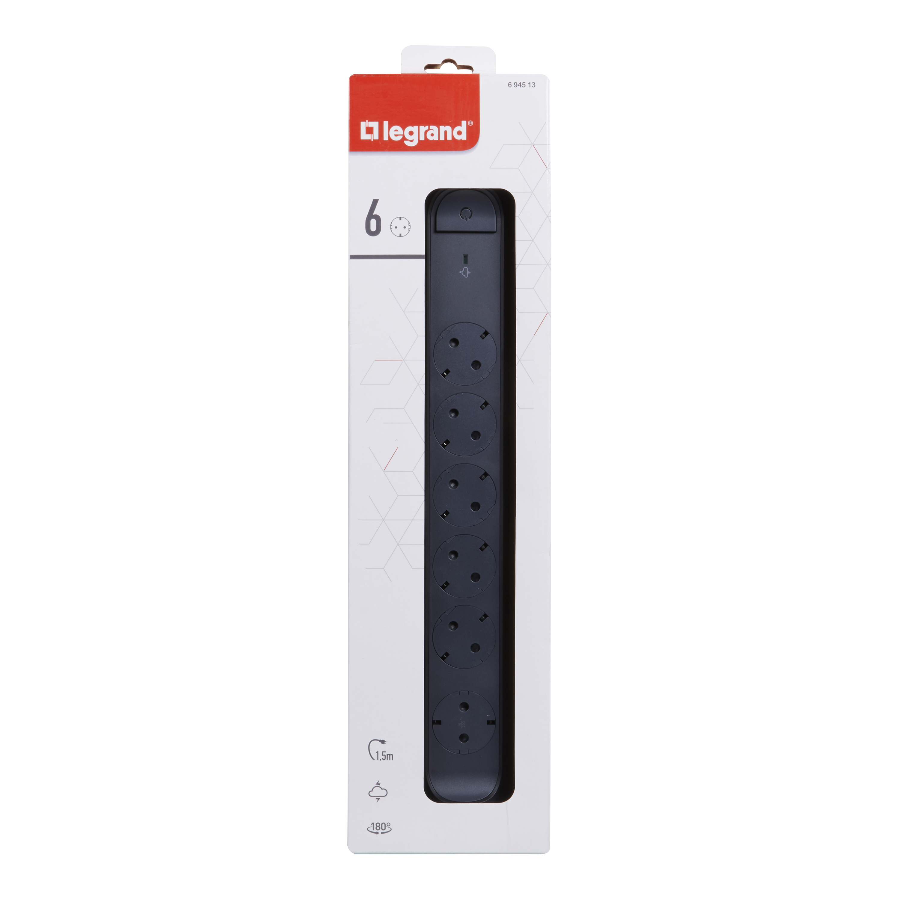 694513 Legrand Разклонител шуко, 6X2P+E,с индикация за напрежение и защита,1,5м. кабел,черно/сиво_small