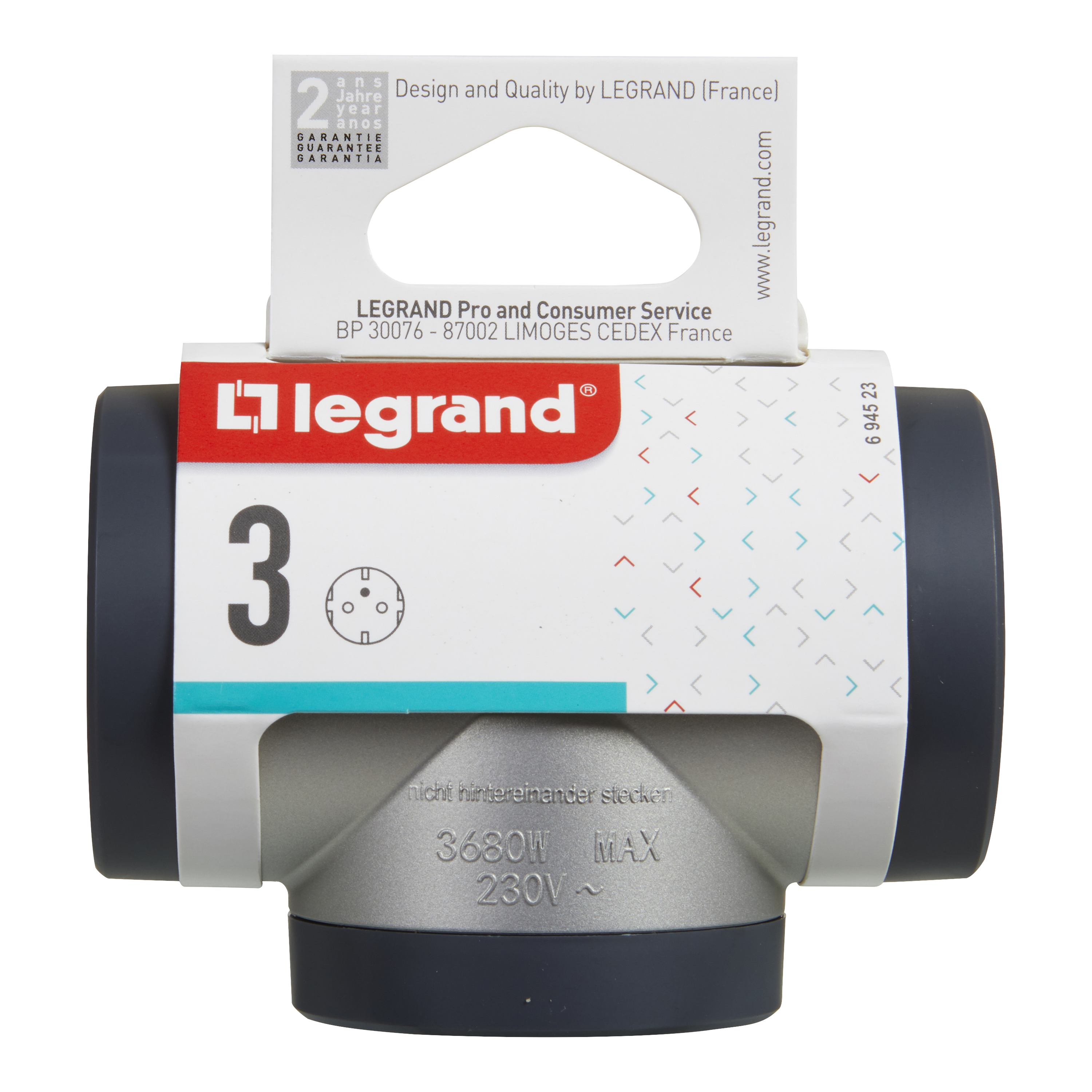 694523 Legrand Адаптер PRE, шуко, 2P+E, 16A, 3 странични гнезда,  цвят алуминий_small