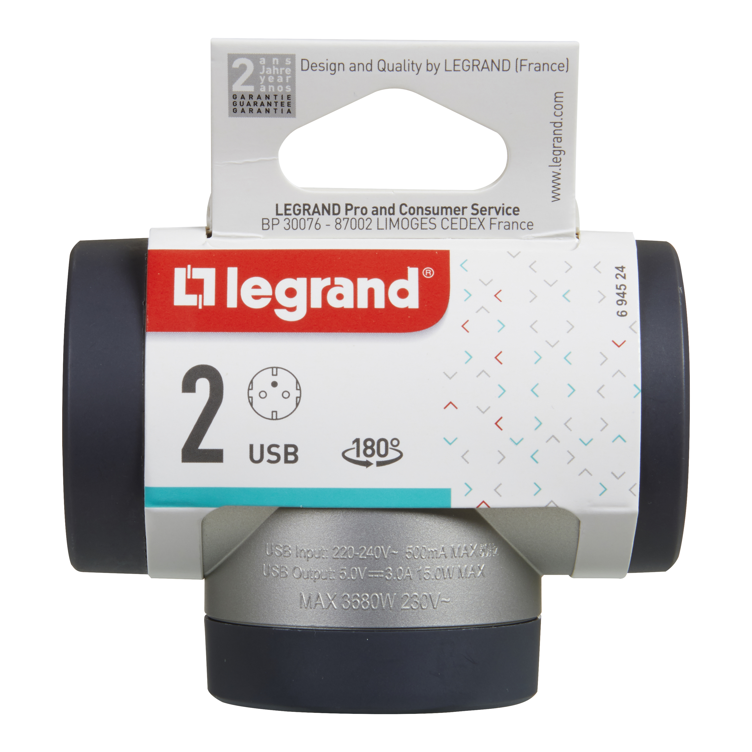 694524 Legrand Адаптер PRE, шуко, 2P+E, 16A, 2 странични гнезда,  въртящ се,+ USB A+C, сиво/алуминий_small