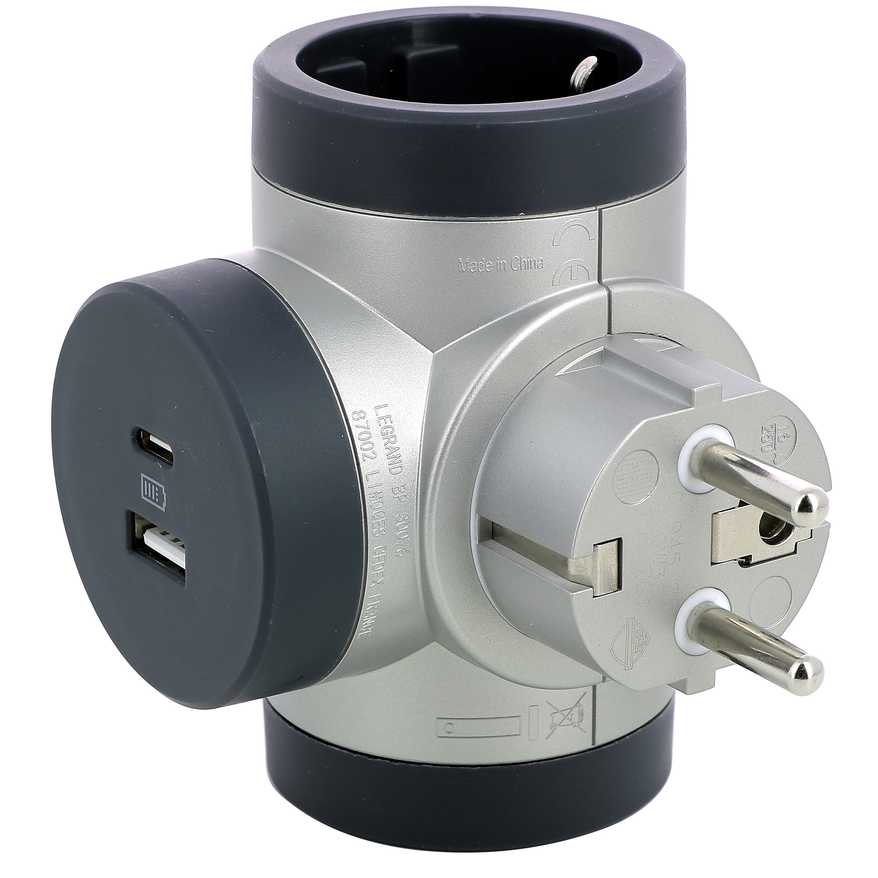 694524 Legrand Адаптер PRE, шуко, 2P+E, 16A, 2 странични гнезда,  въртящ се,+ USB A+C, сиво/алуминий