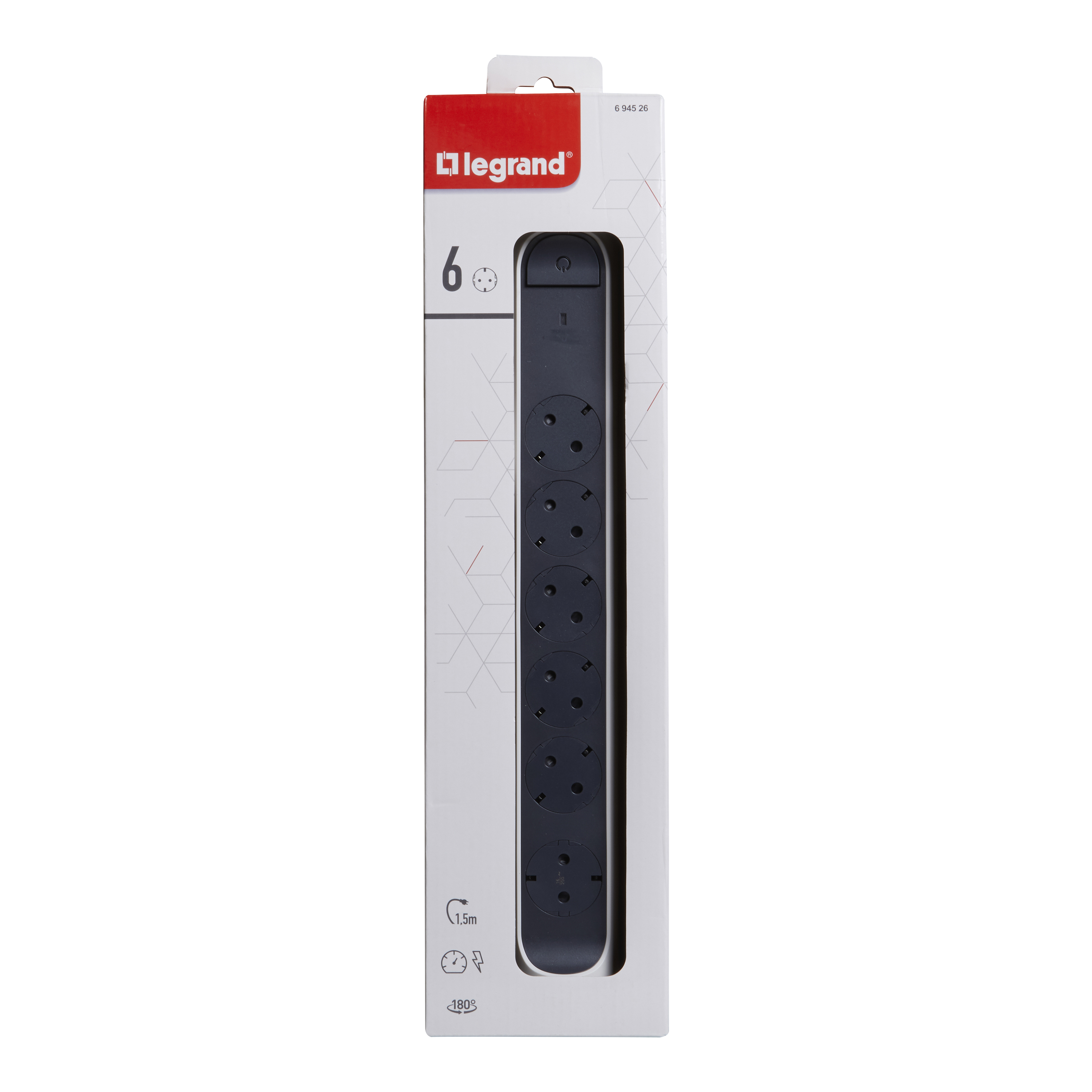 694526 Legrand Разклонител PRE, шуко, 6X2P+E,с индикация за мощността и защита,1,5м. кабел,бяло/сиво_small