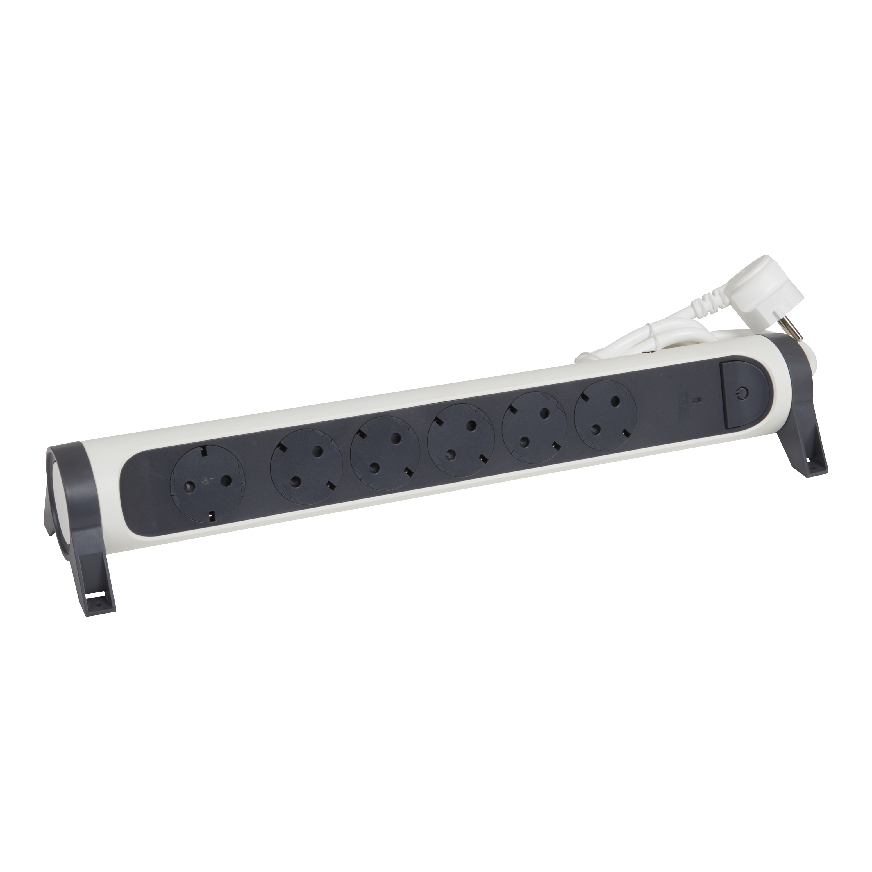 694526 Legrand Разклонител PRE, шуко, 6X2P+E,с индикация за мощността и защита,1,5м. кабел,бяло/сиво