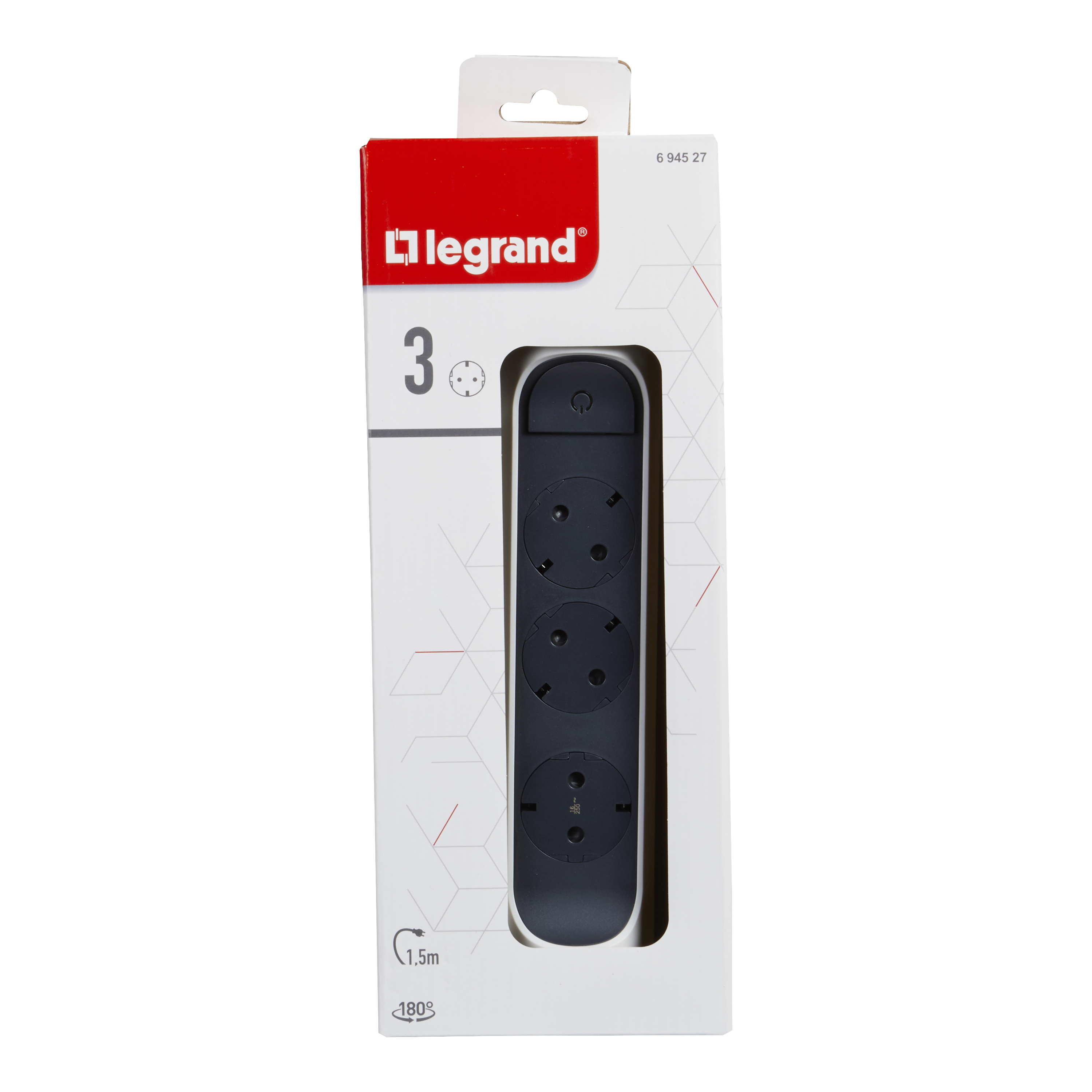 694527 Legrand Разклонител PRE, шуко, 3X2P+E, въртящ се, 1,5м. кабел, бяло/сиво_small
