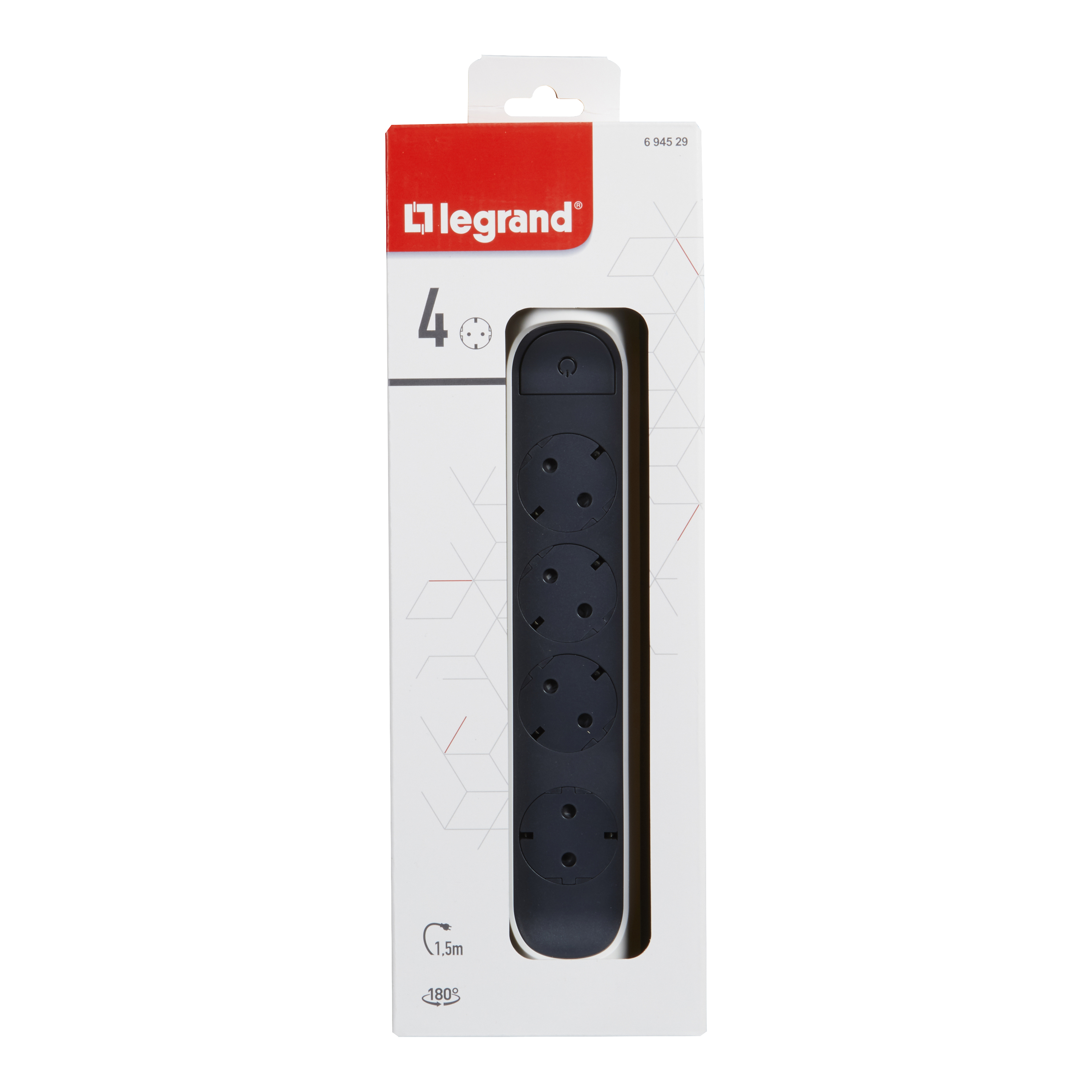 694529 Legrand Разклонител PRE, шуко, 4X2P+E, въртящ се, 1,5м. кабел, бяло/сиво_small